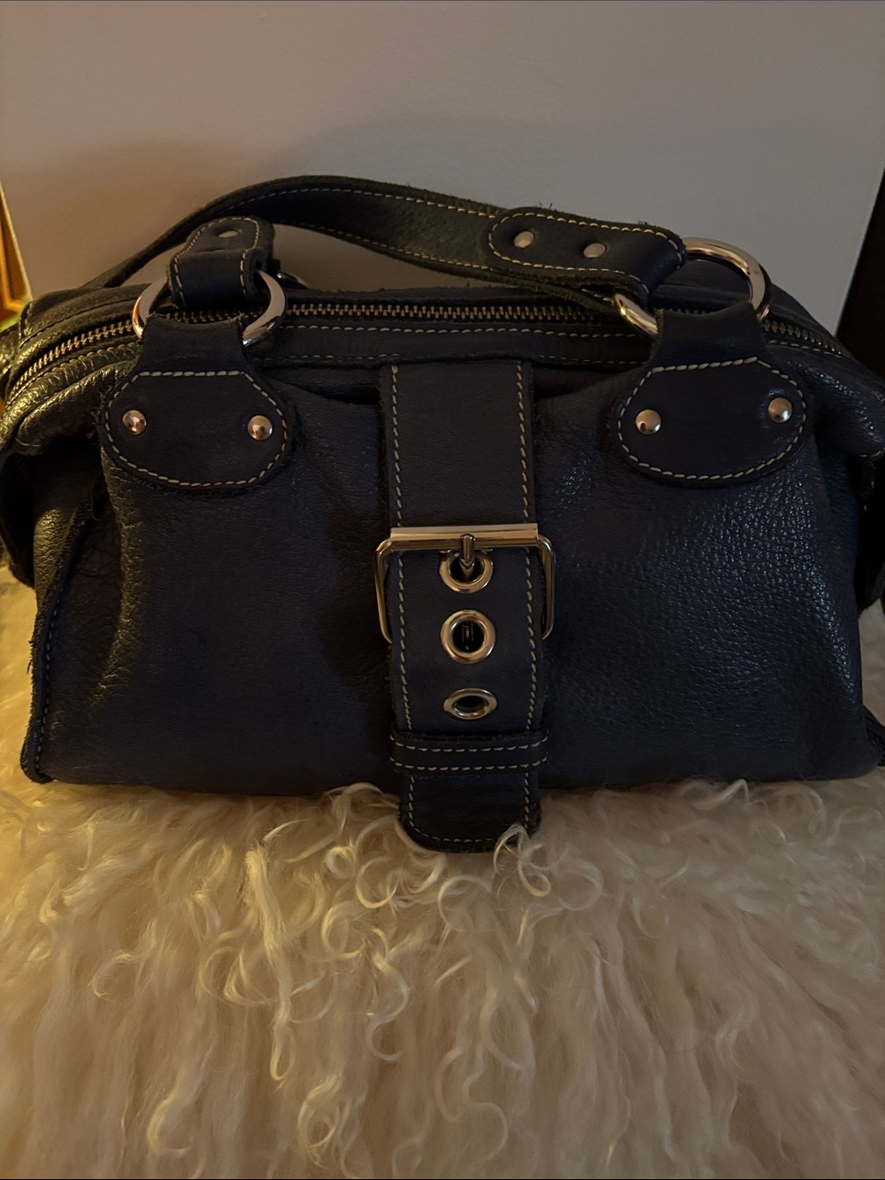 Roots Denim Blue Leather Shoulder Bag